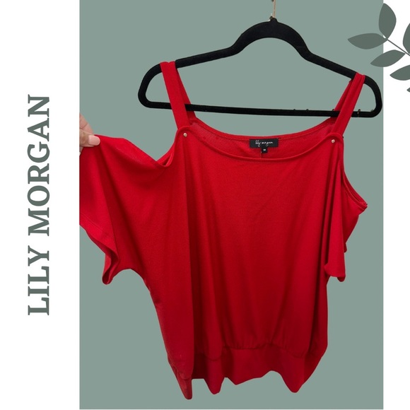 🛍️3/$40 Lily Morgan Cold Shoulder Red Women's Top with Waistband Size 3X - Picture 1 of 5
